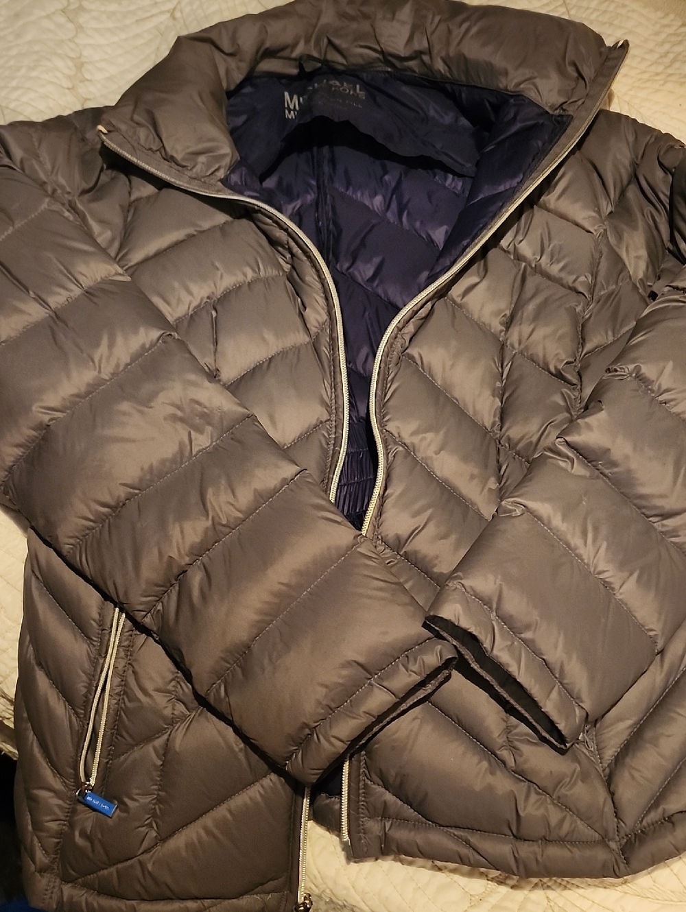 Michael Kors Gray Quilted Puffer Jacket with Navy Lining